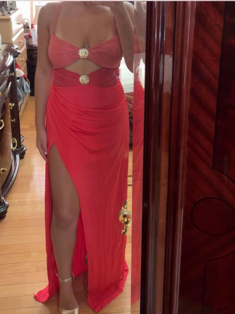 Lovers + Friends Coral Red Cutout Maxi with Shell Accents